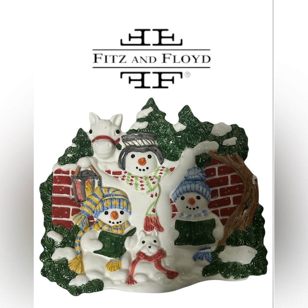 VINTAGE FITZ AND FLOYD SNOWMAN FAMILY CHRISTMAS SERVING PLATE HOLIDAY DECOR